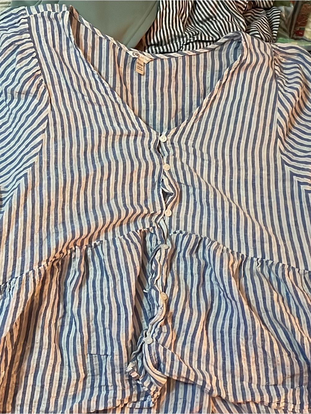 Striped Blue and White Button-Front Peplum Top